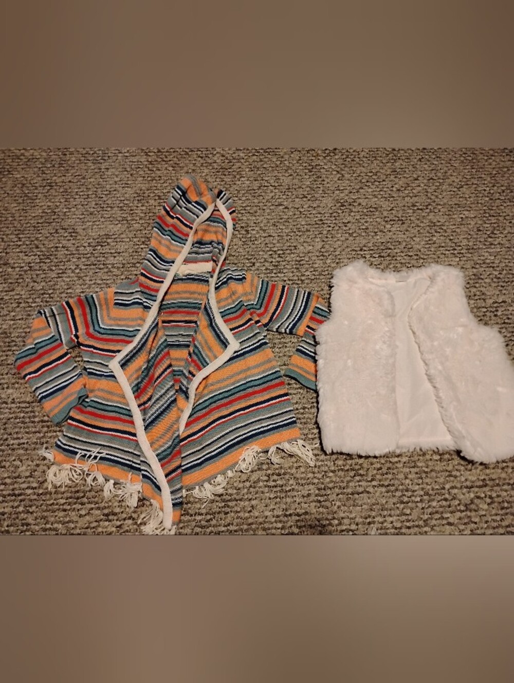 Roxy Girls Multicolor Striped Hooded Sweater and Carter's White Faux Fur Vest
